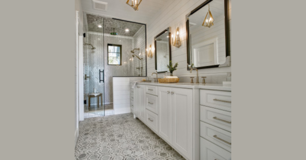  White Shiplap Accent Wall Behind the Vanity