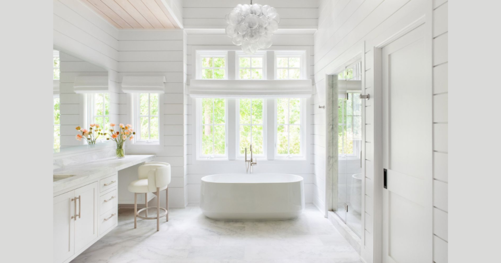 White Shiplap Walls for a Farmhouse Bathroom Look