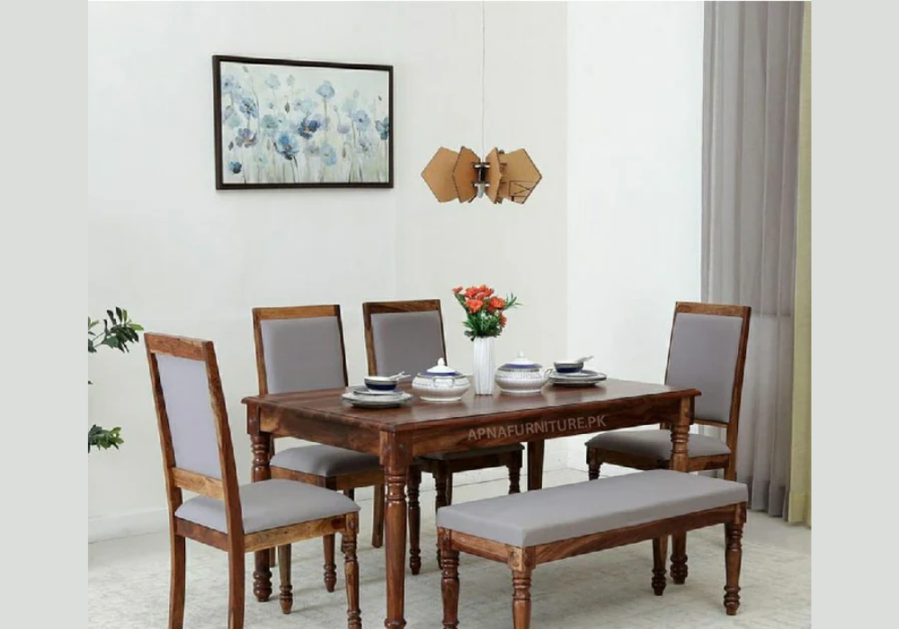 Wooden Dining Table with Bench Seating