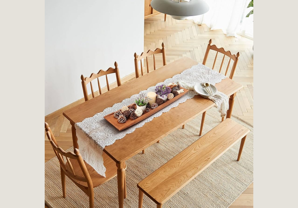 Wooden Dining Table with Natural Bowl Centerpiece