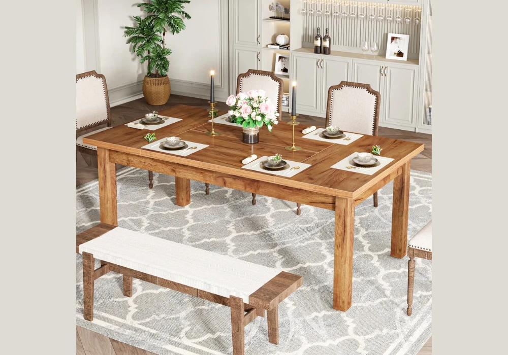 Wooden Farmhouse 70 Inch Dining Table Setup