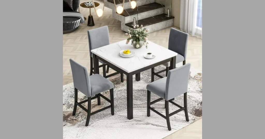 marble dining table set with upholstered chairs