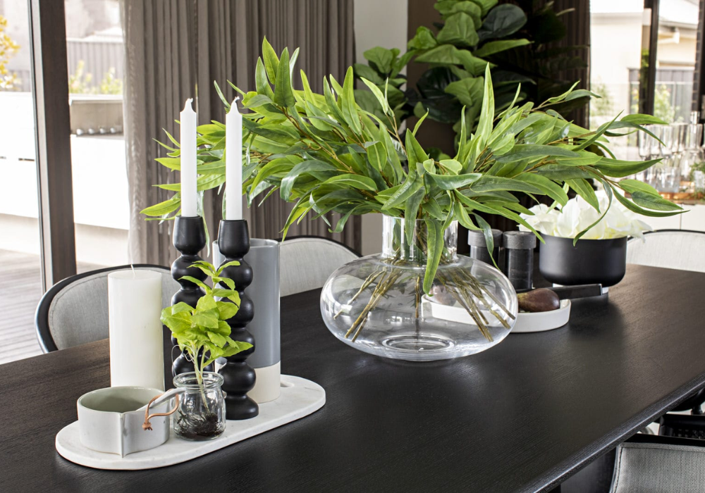 marble dining table with greenery decor