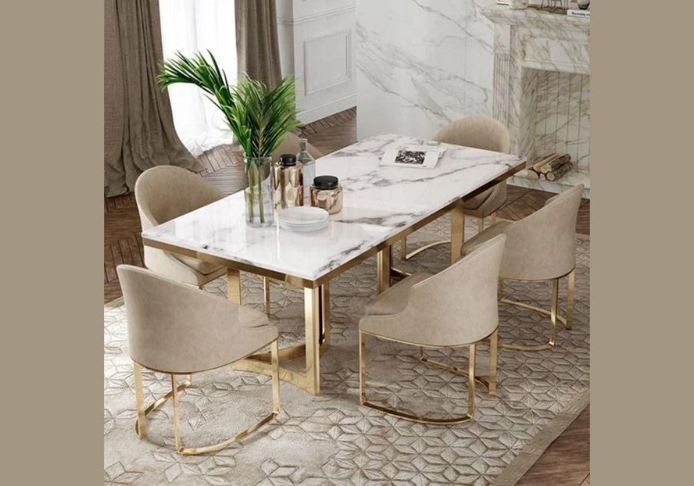 marble look dining table with 6 chairs for a luxe feel