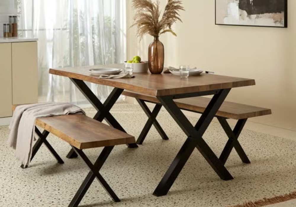 rustic dining table with wooden bench
