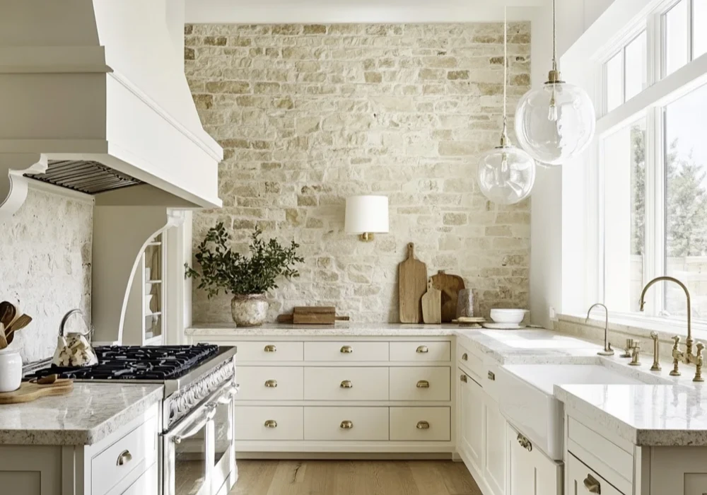 Beige Stone Tile Backsplash with White Cabinets