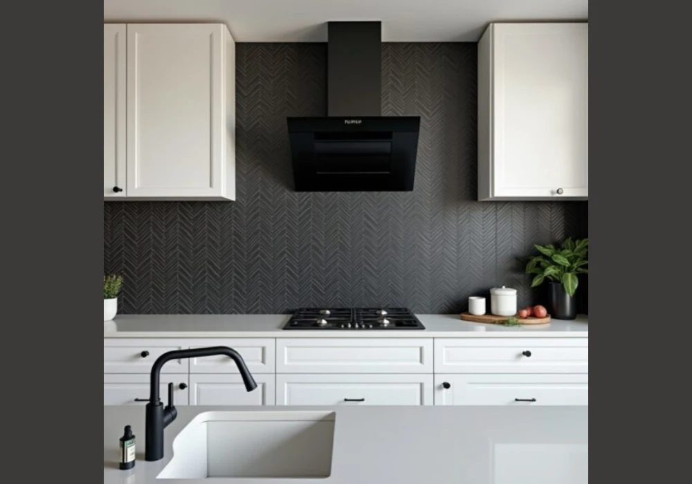 Black Tile Backsplash with White Cabinets
