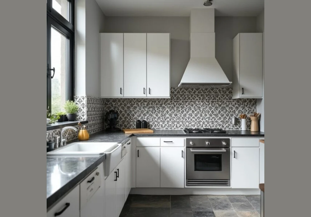 Black and White Pattern Tile Backsplash with White Cabinets
