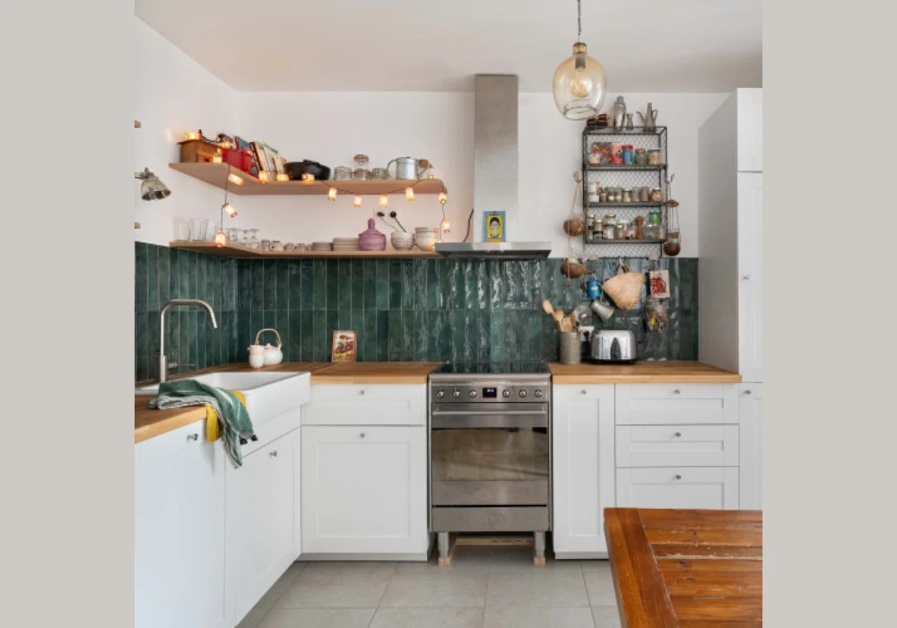 Green Subway Tile Backsplash with White Cabinets