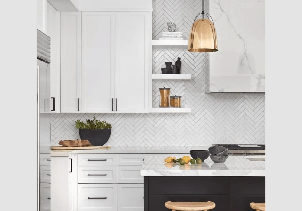 Herringbone Tile Backsplash with White Cabinets