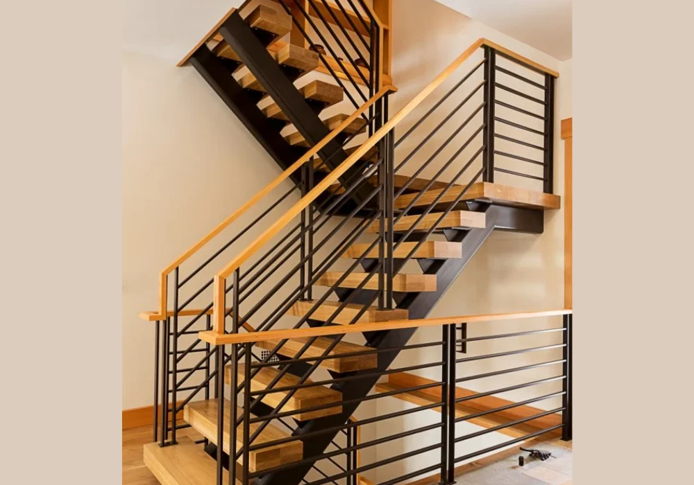 Industrial Wood Stair Railing Ideas with Metal Accents