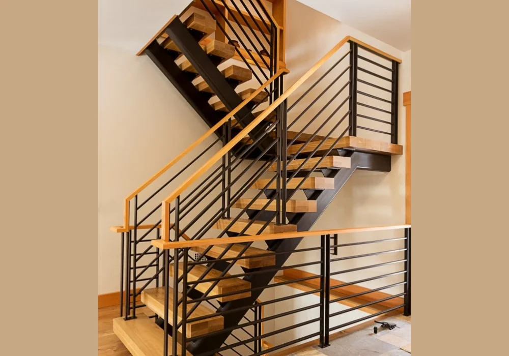 Industrial Wood Stair Railing Ideas with Metal Accents