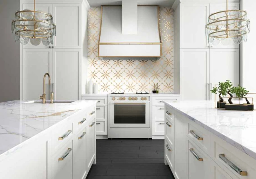 Metallic Accent Tile Backsplash with White Cabinets