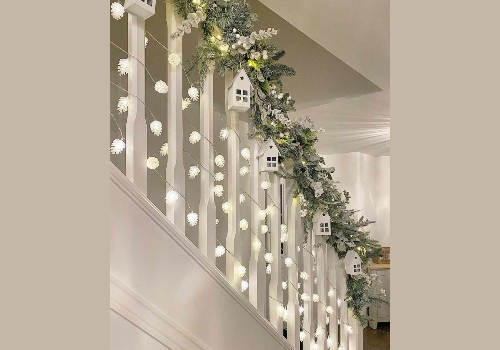 Mixed Decor Railing Decoration Ideas with Lights and Greenery