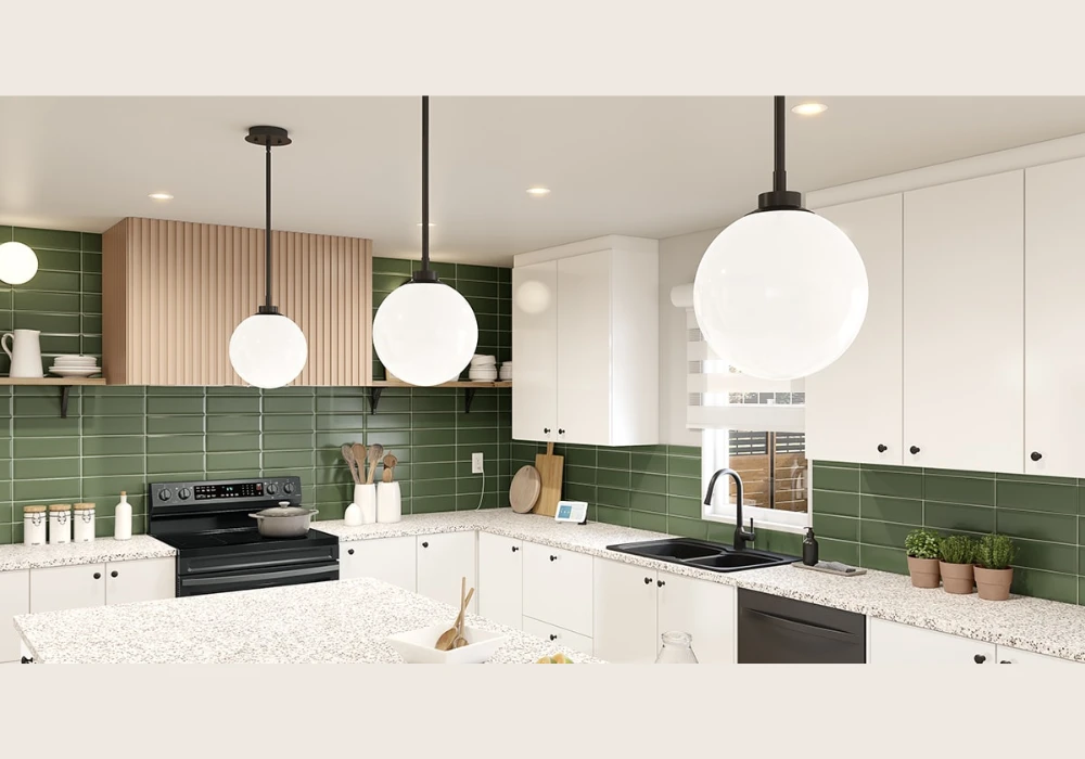 White Enamel Pendant Lights for a Clean Retro Kitchen Look