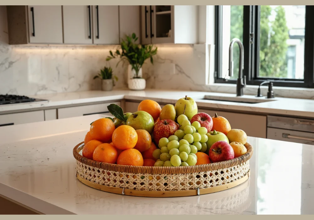 Wooden Fruit Bowl Display for a Functional and Stylish Island Centerpiece