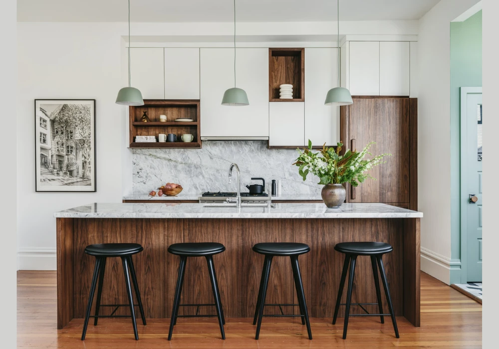 Marble or Wooden Tray Styling for a Grouped and Organized Island Display