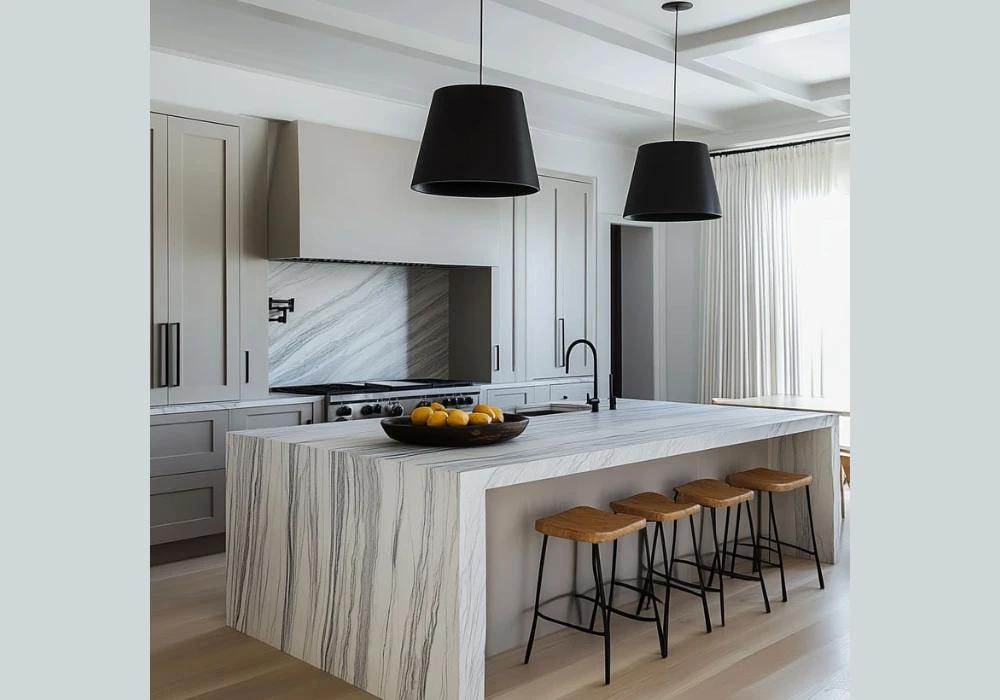 Waterfall Edge Island with Seating for a Sleek and High End Kitchen Layout