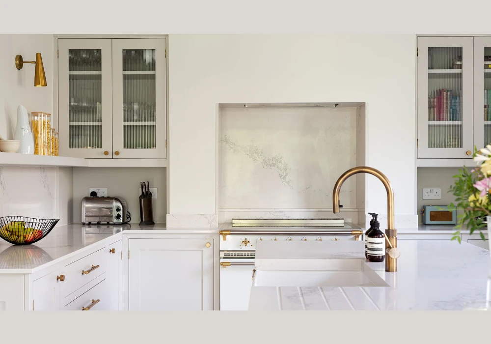White Kitchen with Gold or Brass Fixtures