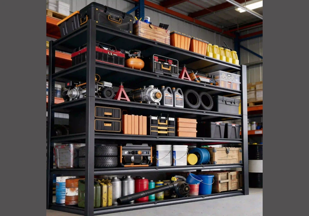 Garage Heavy Equipment Area Before and After Industrial Rack Setup