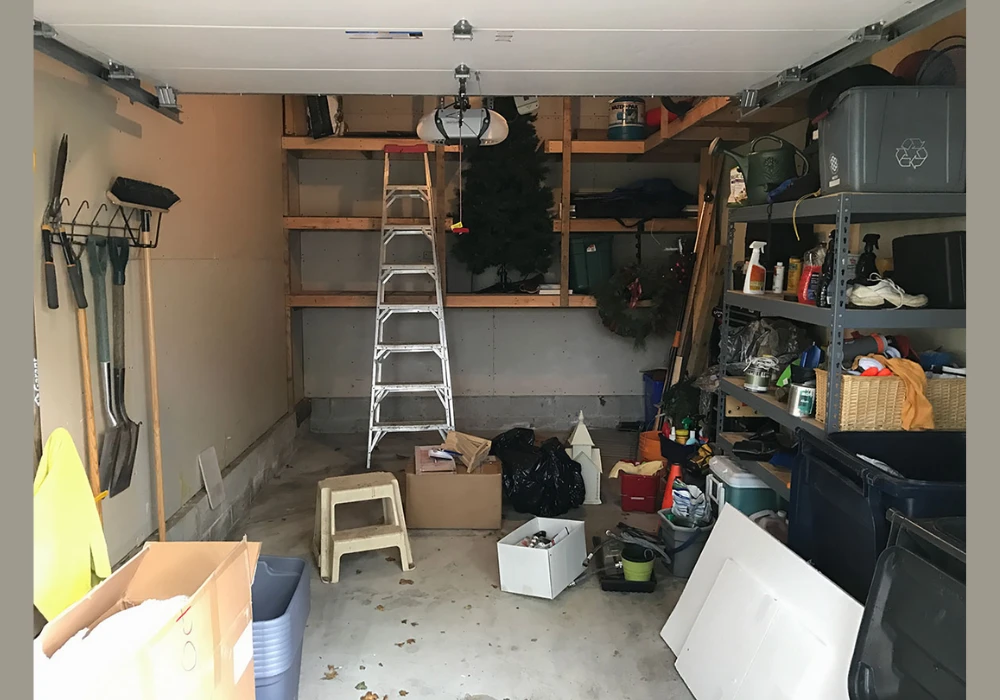 Garage Floor Clutter Before and After Storage Bins System