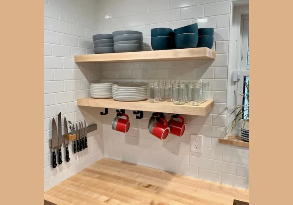 Floating Kitchen Shelves with Hooks for Extra Hanging Storage
