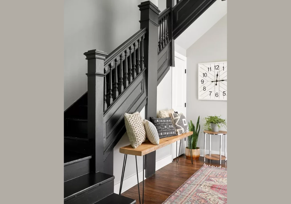 Rustic Stair Railing Ideas with Flat Black Balusters