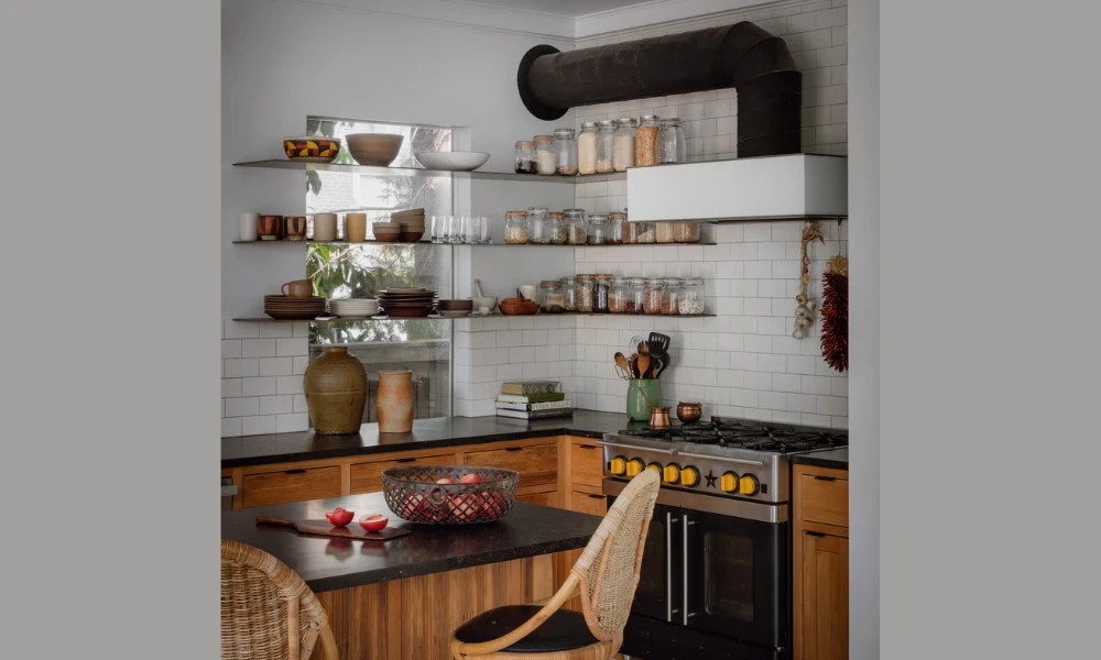 Use baskets for hidden and stylish kitchen shelf storage