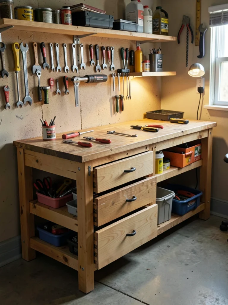 Workbench Storage with Built in Drawers for Daily Tools