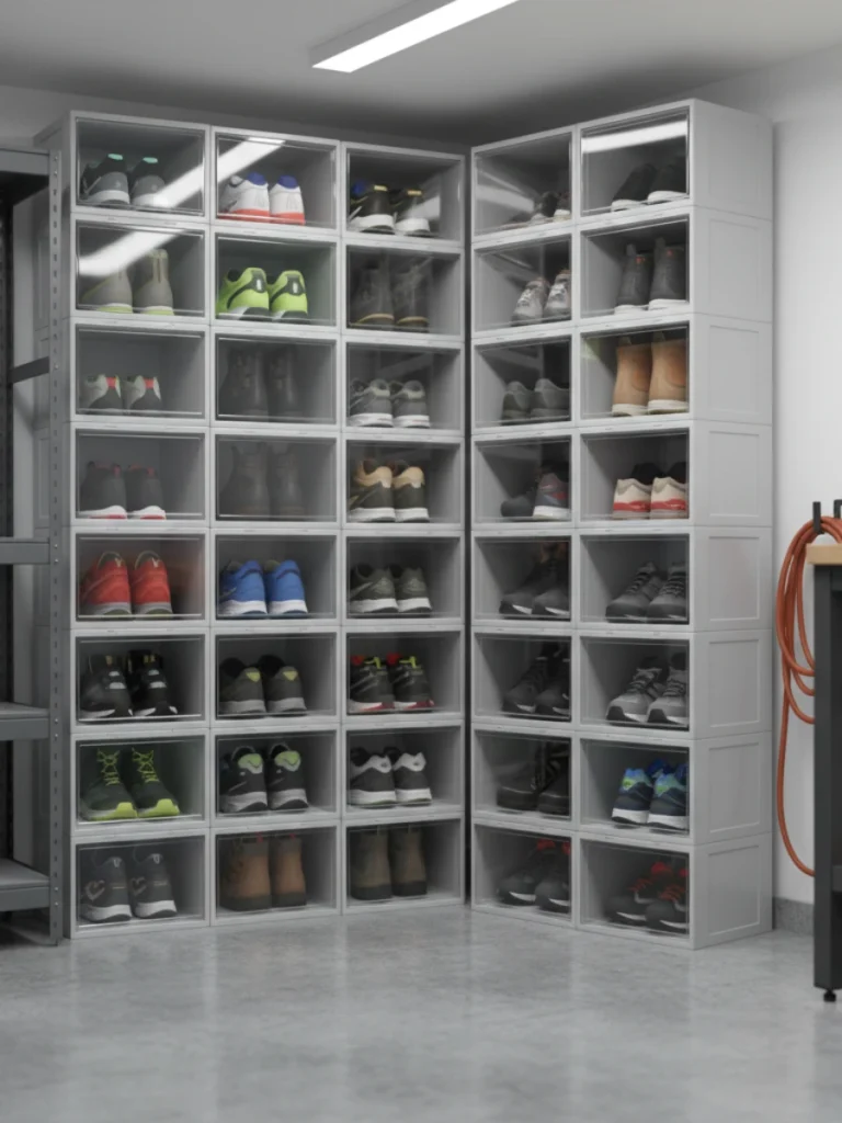 Stackable Plastic Shoe Bins for Garage Organization