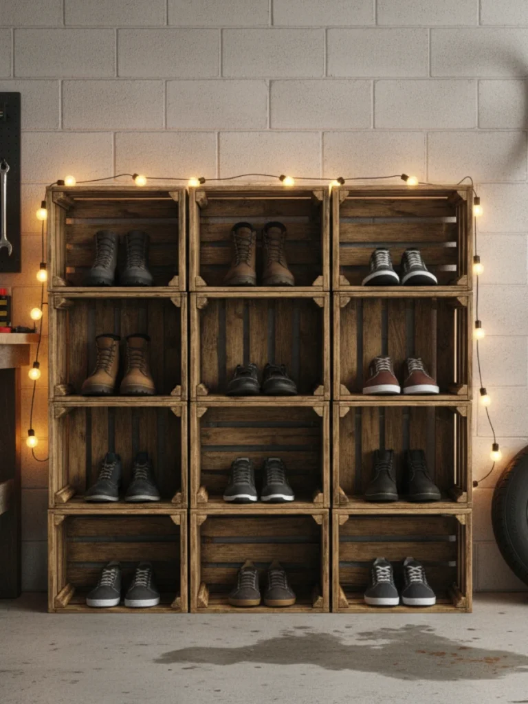 DIY Wooden Crate Shoe Storage in Garage