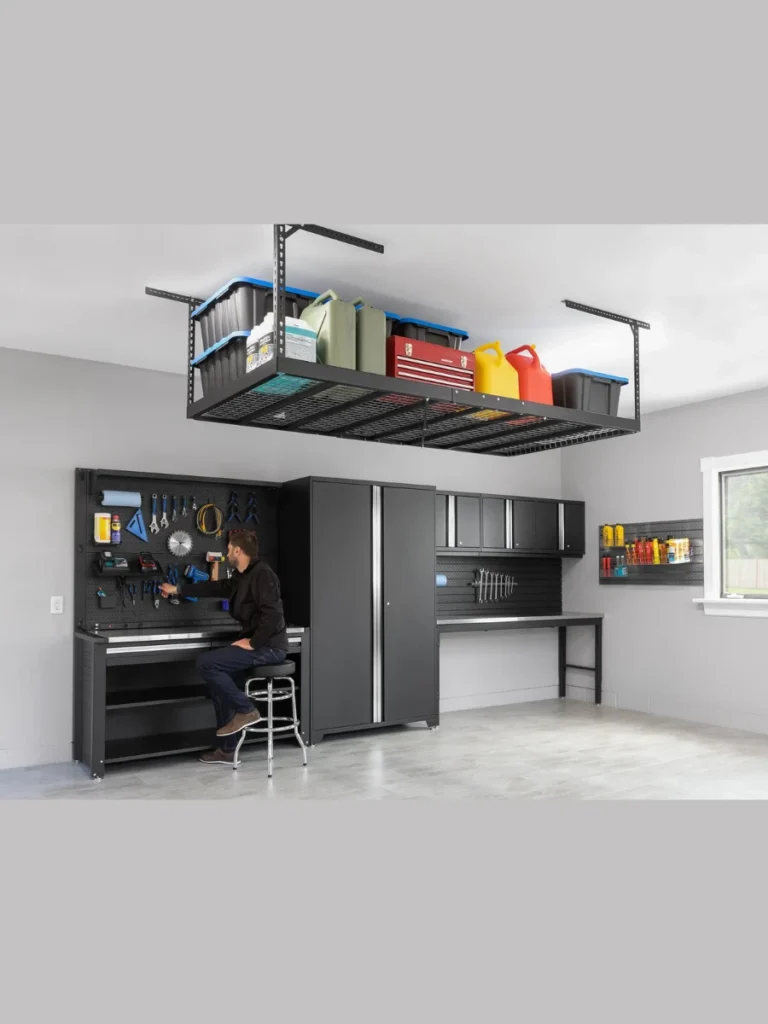 Overhead ceiling racks for seasonal gear storage