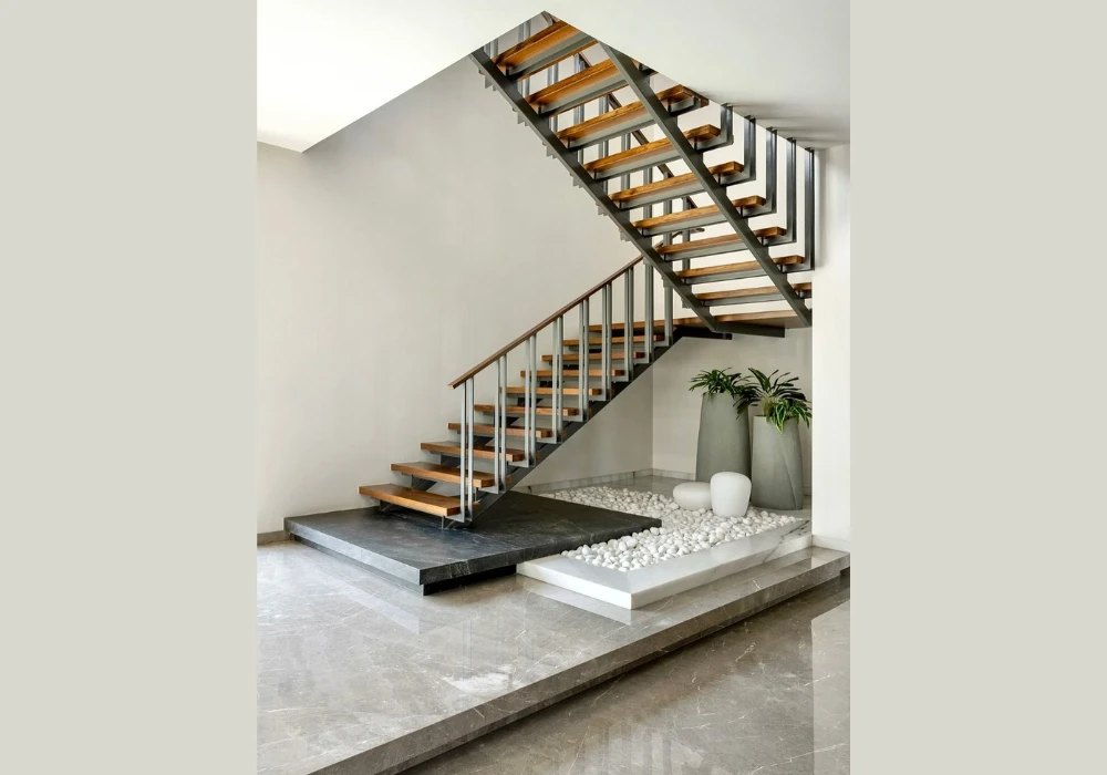 Wooden Rail with Vertical Metal Bars for an Open Feel