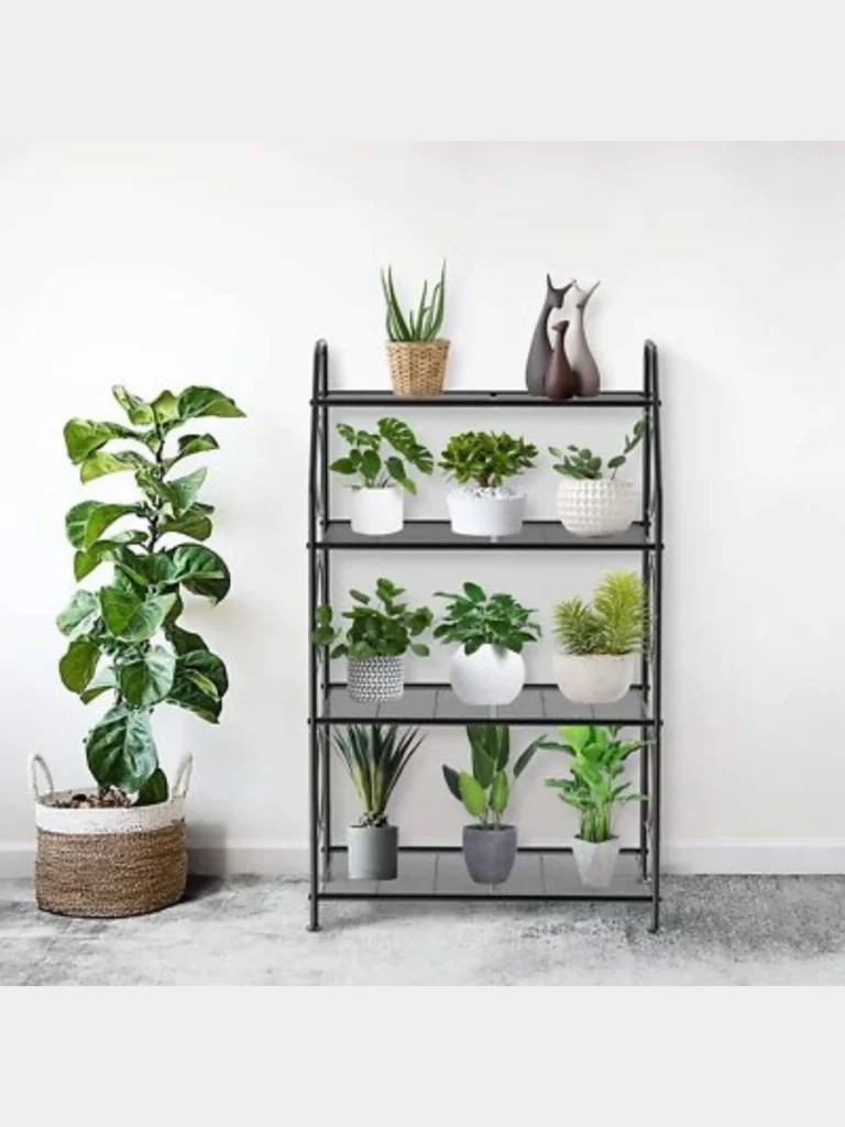 Tall tiered metal shelving units