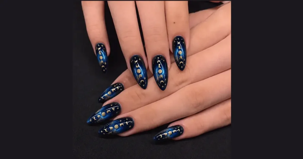 Chic Celestial Gold Witchy Moon Acrylic Nails