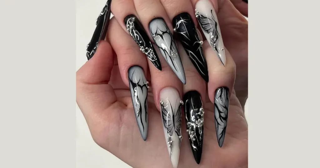 Affordable Gothic Black Lace Stiletto Acrylics