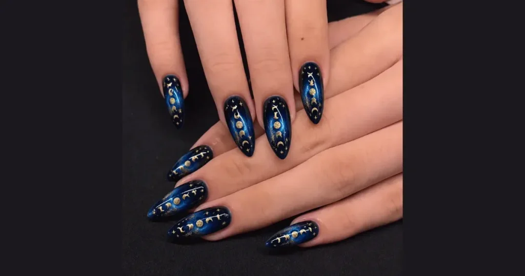 Chic Celestial Gold Witchy Moon Nails